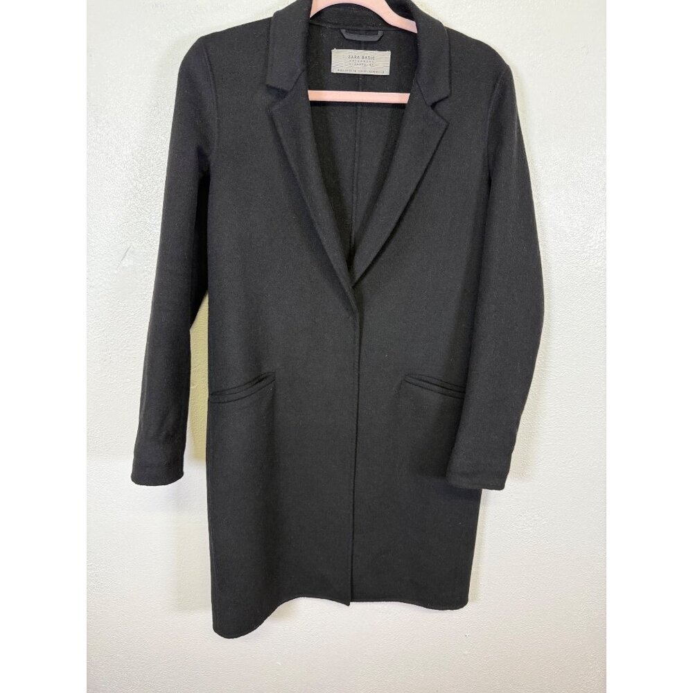 Zara Basic Womens Black Coat XS Longline Wool Blend Outerwear Pockets Button - Picture 13 of 15